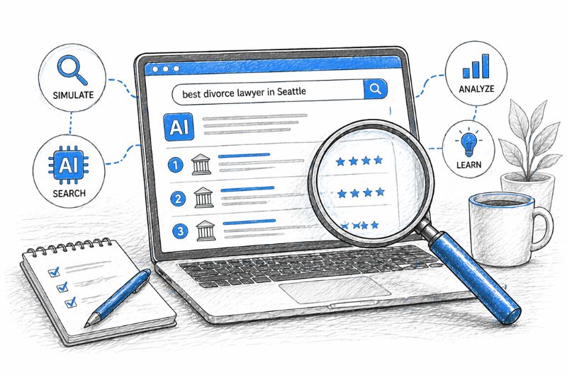 Illustration showing AI recommending top law firms in search results for legal services