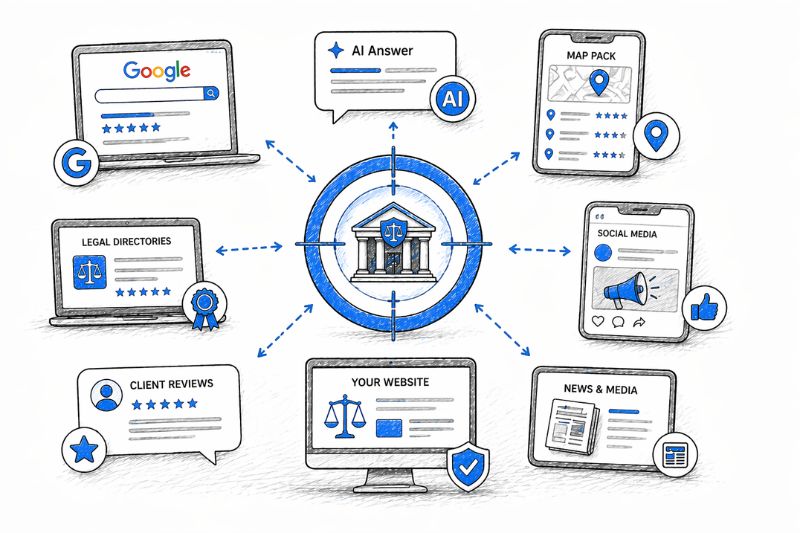 Diagram showing how to get your law firm recommended by AI across online platforms