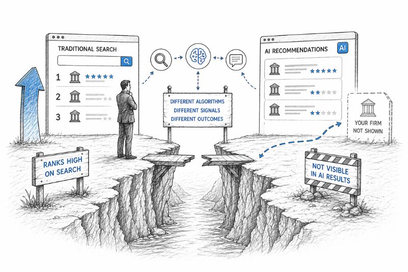 Illustration comparing traditional search rankings with AI law firm recommendations and visibility gaps