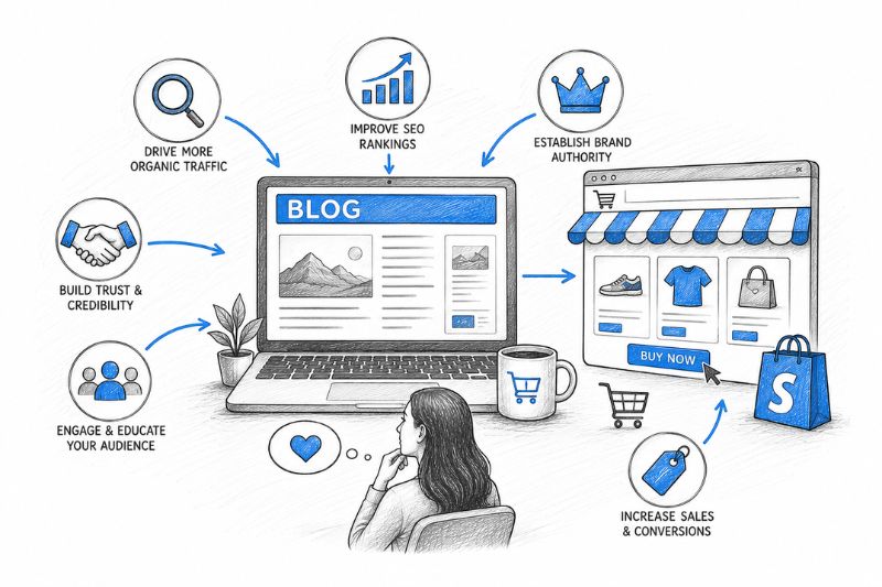 Illustration showing how a Shopify blog can boost SEO, build trust, engage audiences, and increase sales conversions