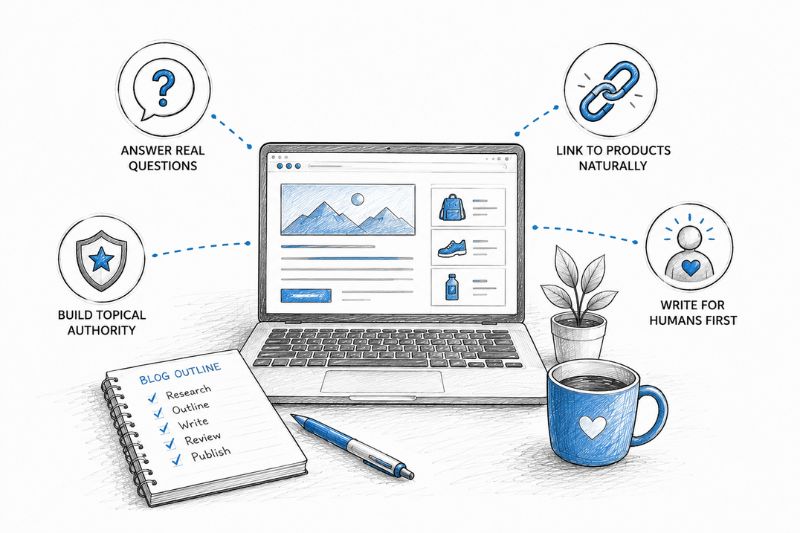 Visual showing the strategies successful ecommerce blogs use to build trust and drive conversions.