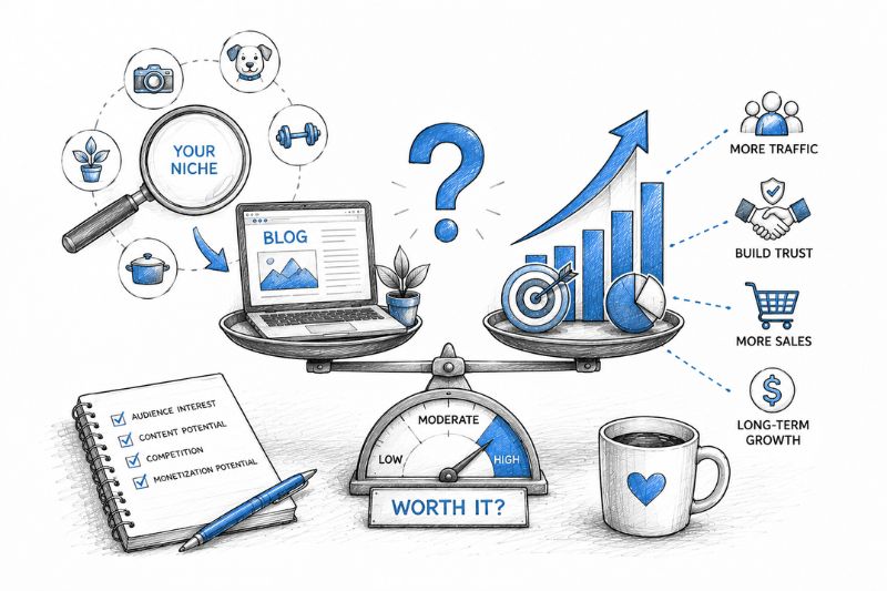 Illustration exploring whether blogging is worth it for your niche based on growth potential, trust, traffic, and sales outcomes.