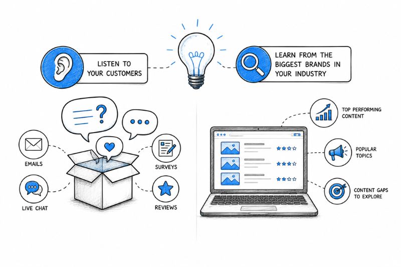 Illustration showing how to find profitable blog topics by listening to customers and analysing successful competitors.