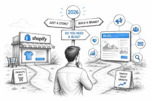 Decision-themed illustration exploring whether Shopify stores need a blog to build a stronger brand.