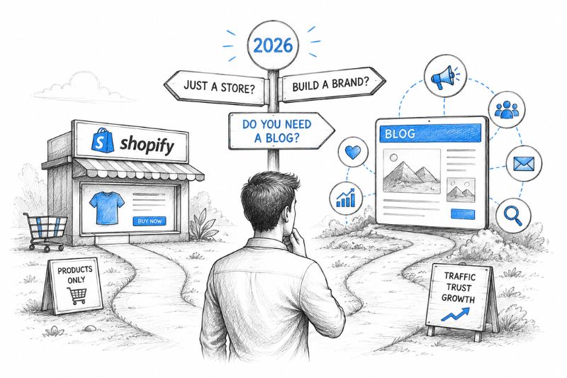 Decision-themed illustration exploring whether Shopify stores need a blog to build a stronger brand.