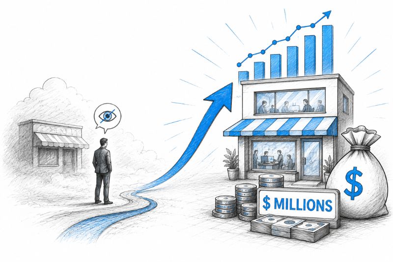 Illustration showing an ecommerce brand growing from low visibility to millions in revenue through organic search success.