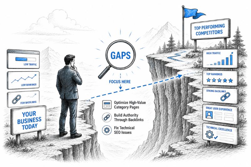 Illustration showing an ecommerce brand identifying SEO gaps to improve rankings, traffic, and organic growth.