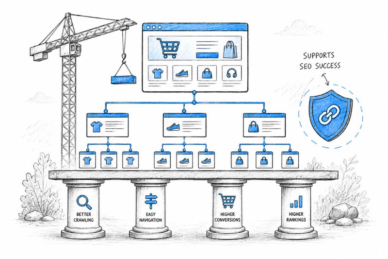 Illustration showing how a well-structured ecommerce site improves navigation, rankings, and conversions.