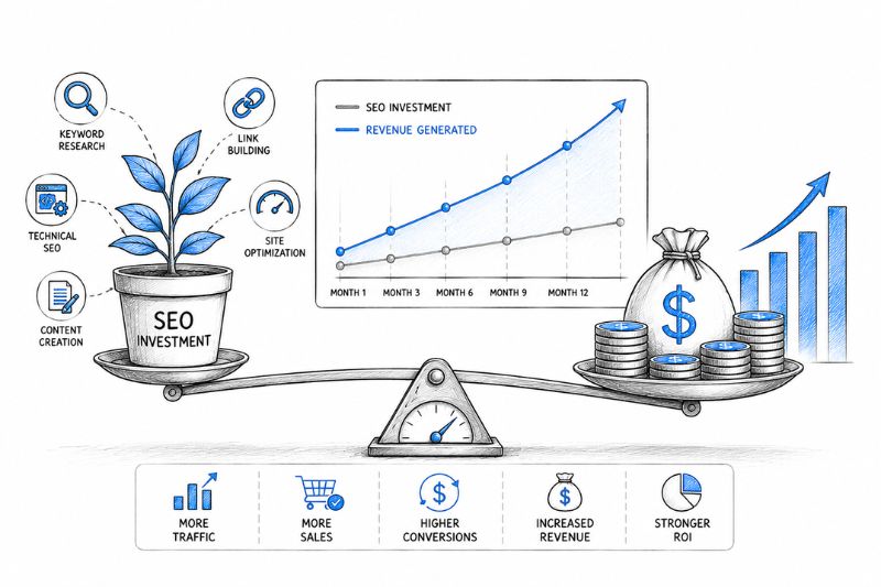 Visual representation of how sustained SEO investment can produce higher revenue and stronger ROI.