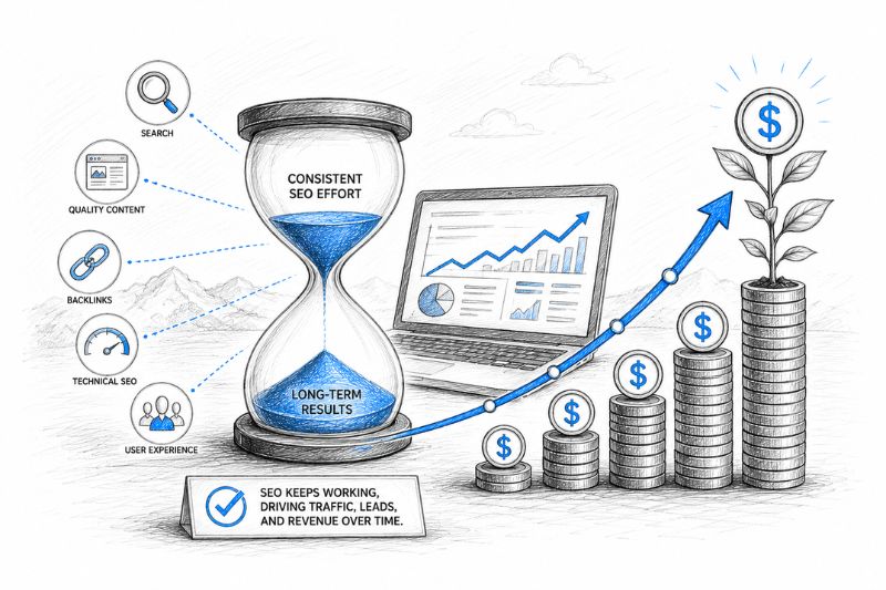Illustration showing how consistent SEO efforts continue driving traffic, leads, and revenue growth over time. 