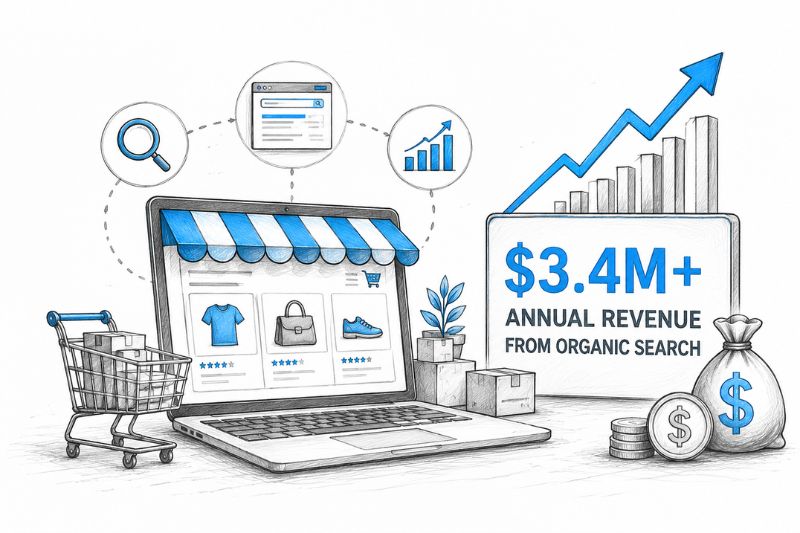 Ecommerce SEO illustration showing how one online brand generated over $3.4 million in annual revenue through organic search.