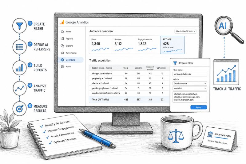 Illustration of how to measure AI leads for lawyers using Google Analytics